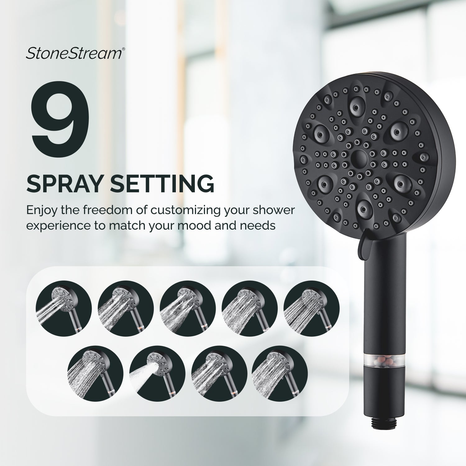 9-Mode Luxury Black Shower Head with Hard Water Filtration Kit